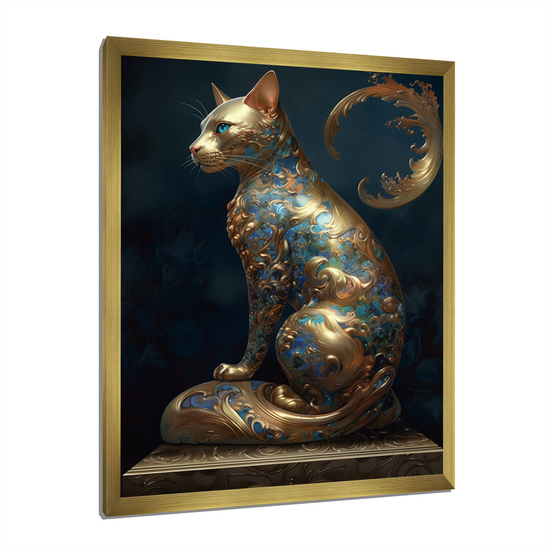 Glam Statue Of Teal And Gold Majestic Cat - Cat Wall Art Prints