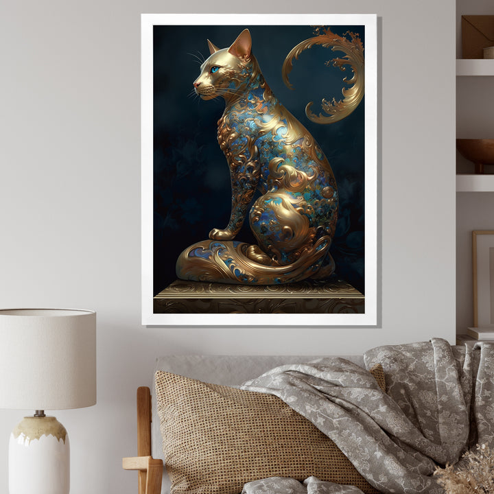 Glam Statue Of Teal And Gold Majestic Cat - Cat Wall Art Prints