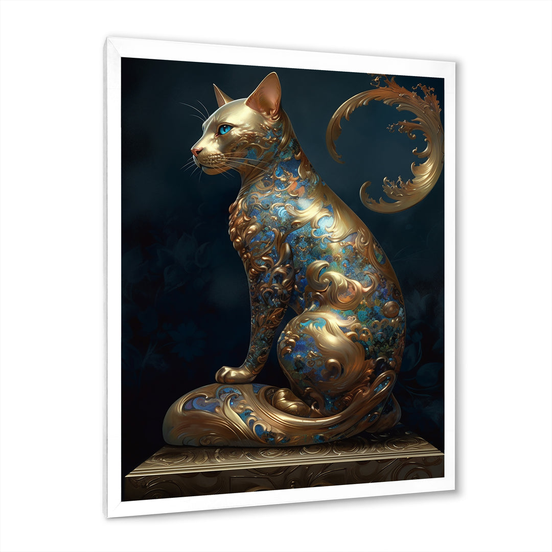 Glam Statue Of Teal And Gold Majestic Cat - Cat Wall Art Prints