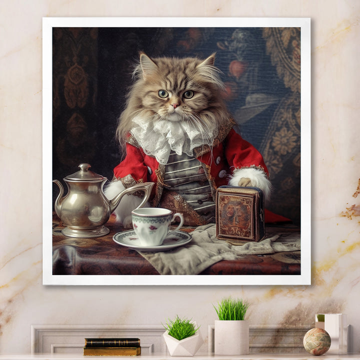 Siberian White Cat Wearing Elegant Costume - Cat Wall Art Prints