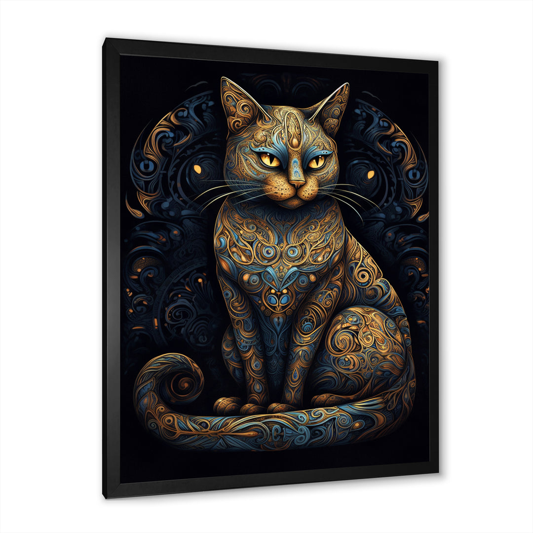 Blue Glamorous Retro Gold Cat - Blue Cat Wall Art