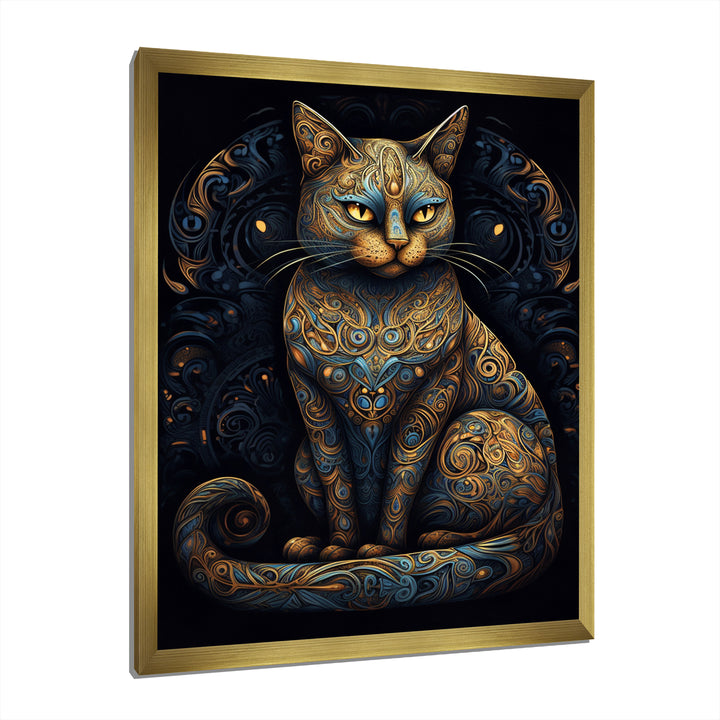 Blue Glamorous Retro Gold Cat - Blue Cat Wall Art