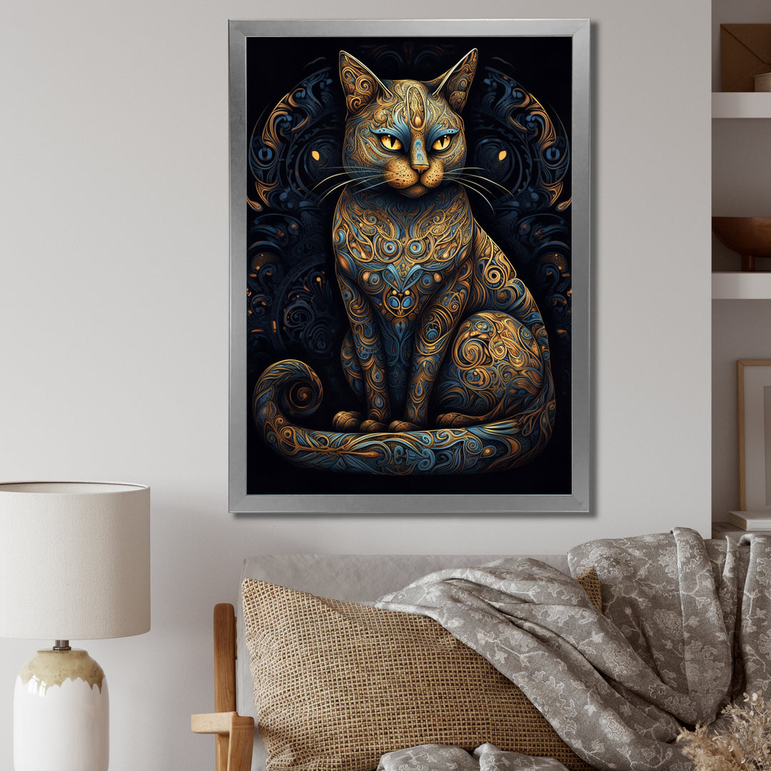 Blue Glamorous Retro Gold Cat - Blue Cat Wall Art