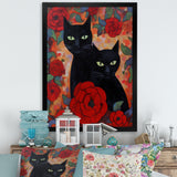 Two Black Cats With Red Roses Painting - Cat Canvas Wall Art
