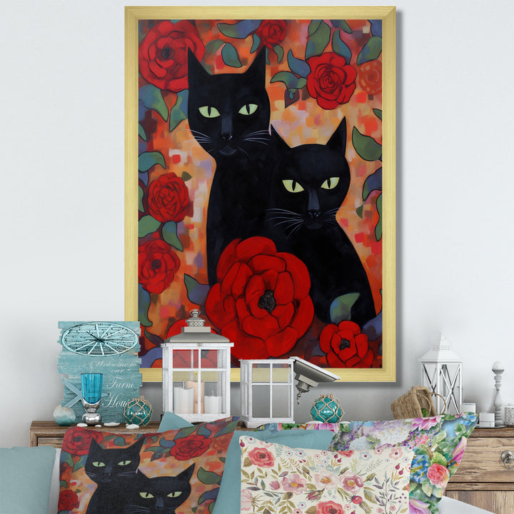 Two Black Cats With Red Roses Painting - Cat Canvas Wall Art