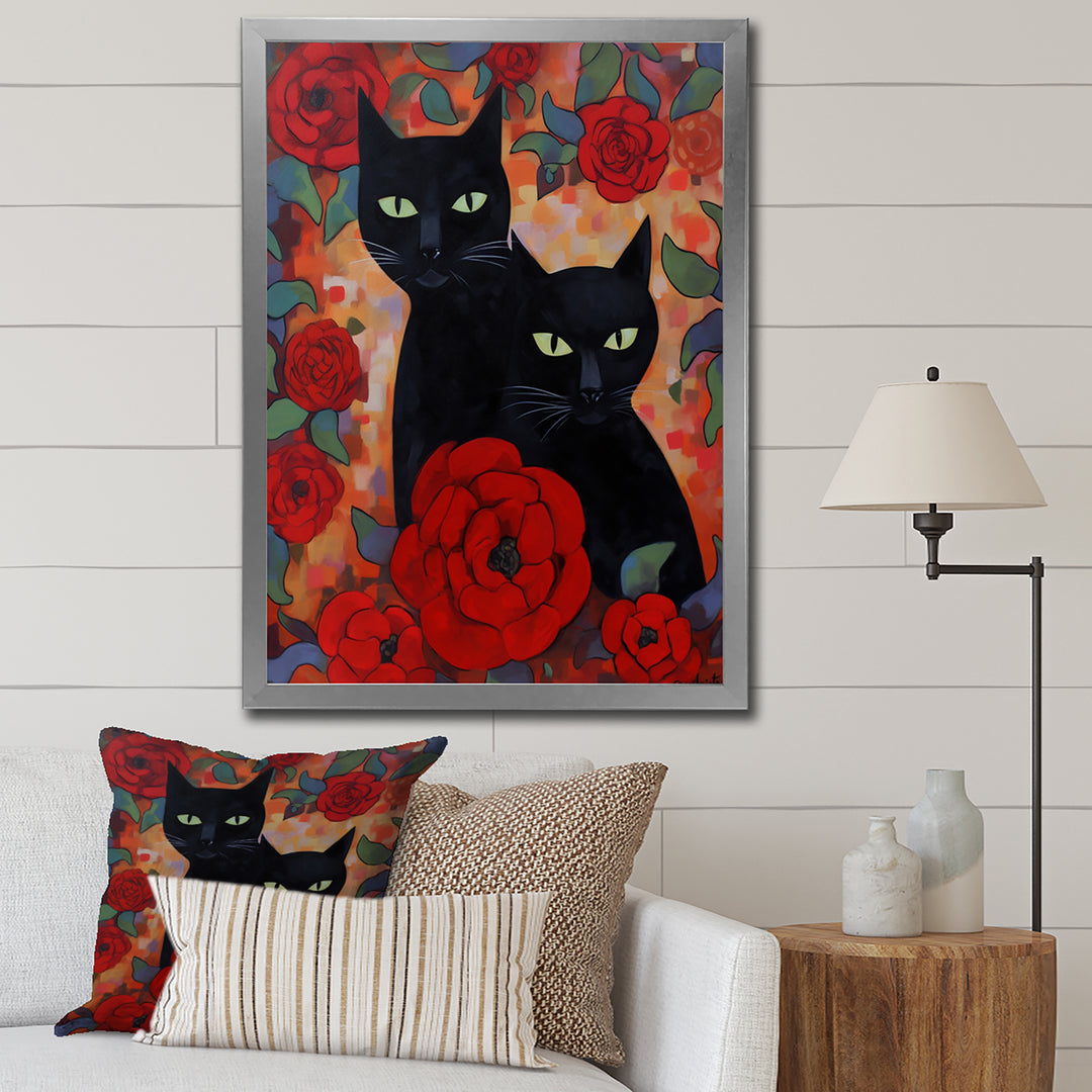 Two Black Cats With Red Roses Painting - Cat Canvas Wall Art
