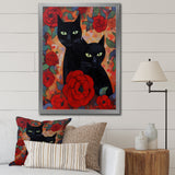 Two Black Cats With Red Roses Painting - Cat Canvas Wall Art