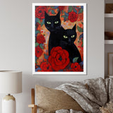 Two Black Cats With Red Roses Painting - Cat Canvas Wall Art