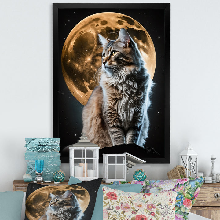 Majestic Cat Under The Full Moon - Cat Home Decor Art