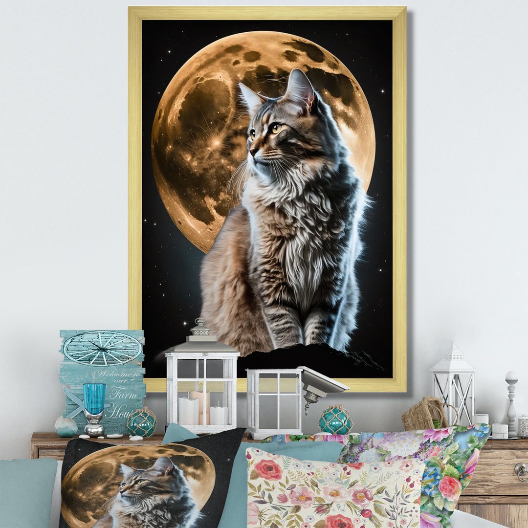 Majestic Cat Under The Full Moon - Cat Home Decor Art