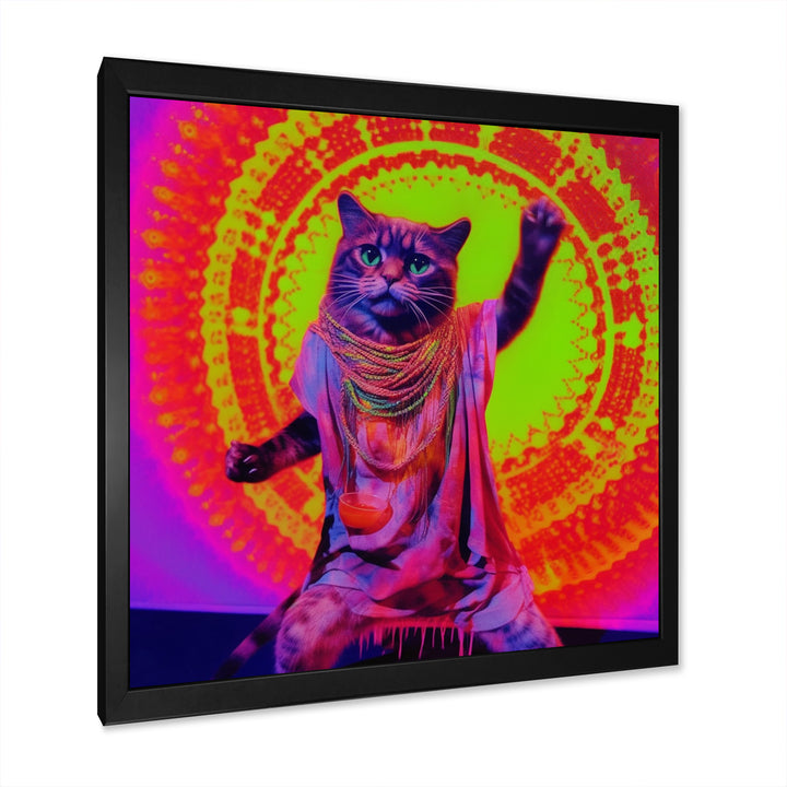 Rave Cat In Pink Neon - Cat Living Room Wall Art