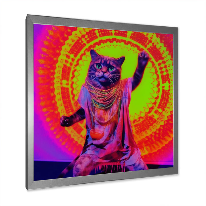 Rave Cat In Pink Neon - Cat Living Room Wall Art