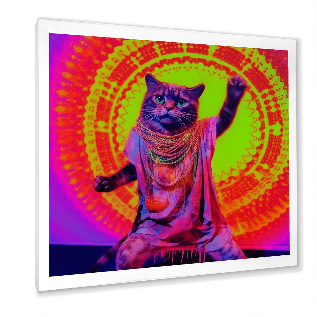 Rave Cat In Pink Neon - Cat Living Room Wall Art