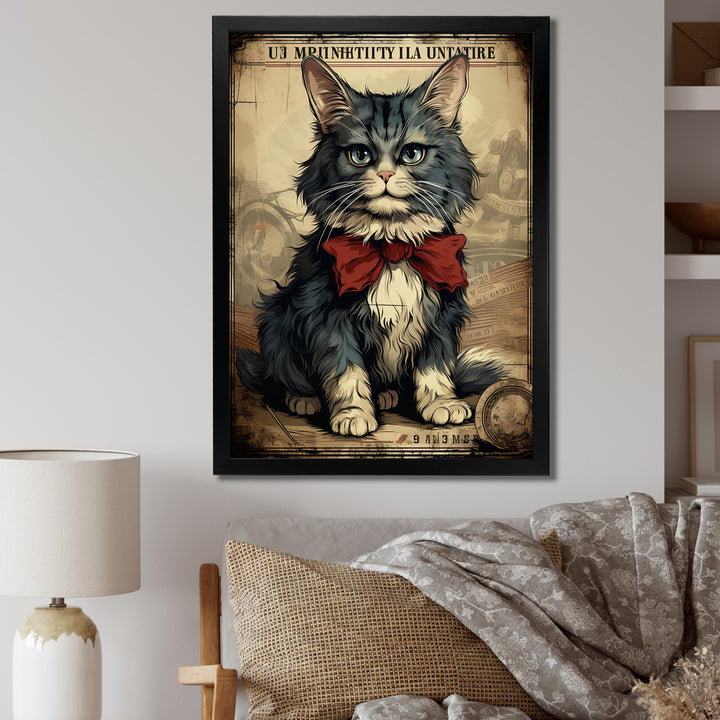 Cat With Red Bow Vintage Illustration - Cat Canvas Wall Art