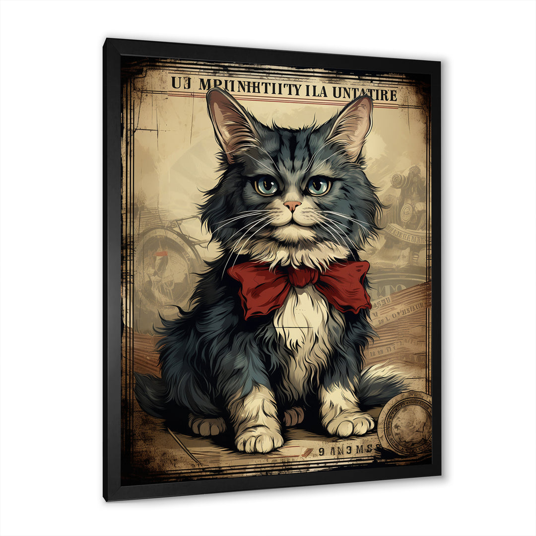 Cat With Red Bow Vintage Illustration - Cat Canvas Wall Art