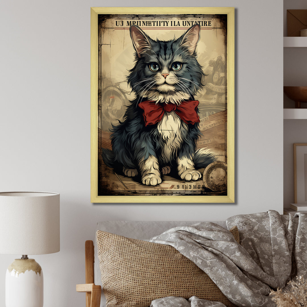 Cat With Red Bow Vintage Illustration - Cat Canvas Wall Art