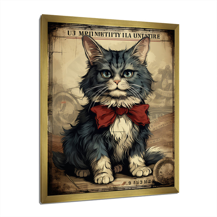 Cat With Red Bow Vintage Illustration - Cat Canvas Wall Art