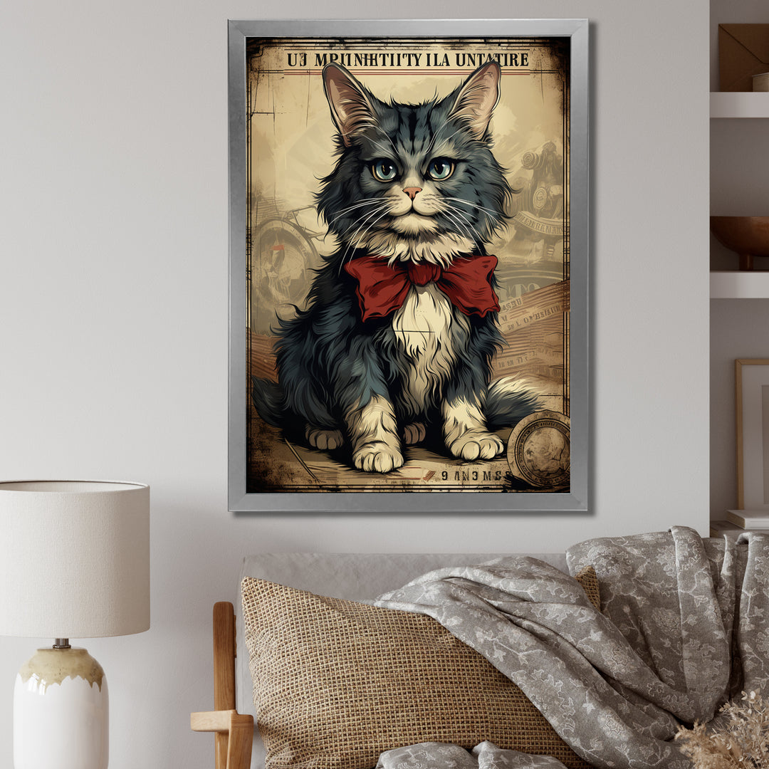 Cat With Red Bow Vintage Illustration - Cat Canvas Wall Art