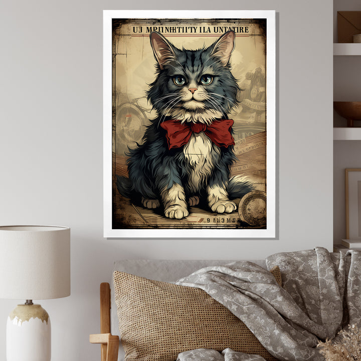 Cat With Red Bow Vintage Illustration - Cat Canvas Wall Art