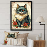Blue Cat With Red Roses Vintage Illustration - Cat Canvas Wall Art
