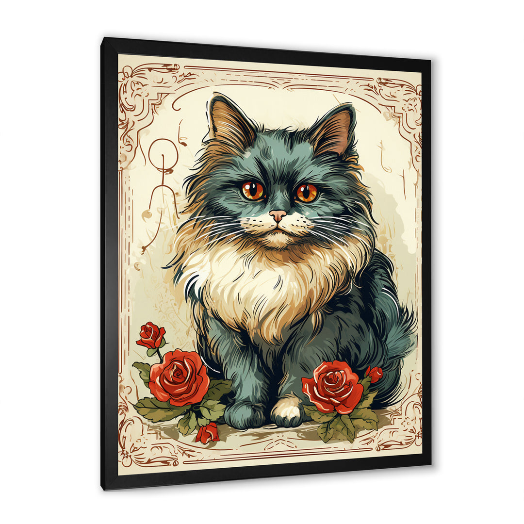 Blue Cat With Red Roses Vintage Illustration - Cat Canvas Wall Art