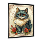 Blue Cat With Red Roses Vintage Illustration - Cat Canvas Wall Art
