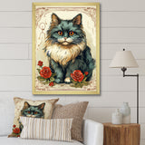 Blue Cat With Red Roses Vintage Illustration - Cat Canvas Wall Art