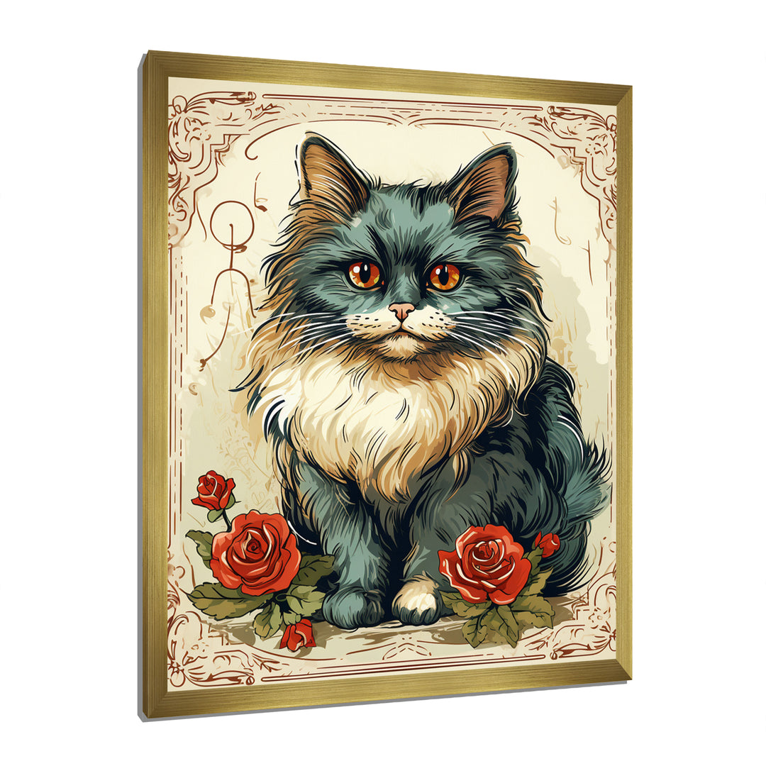 Blue Cat With Red Roses Vintage Illustration - Cat Canvas Wall Art
