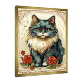 Blue Cat With Red Roses Vintage Illustration - Cat Canvas Wall Art