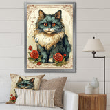 Blue Cat With Red Roses Vintage Illustration - Cat Canvas Wall Art