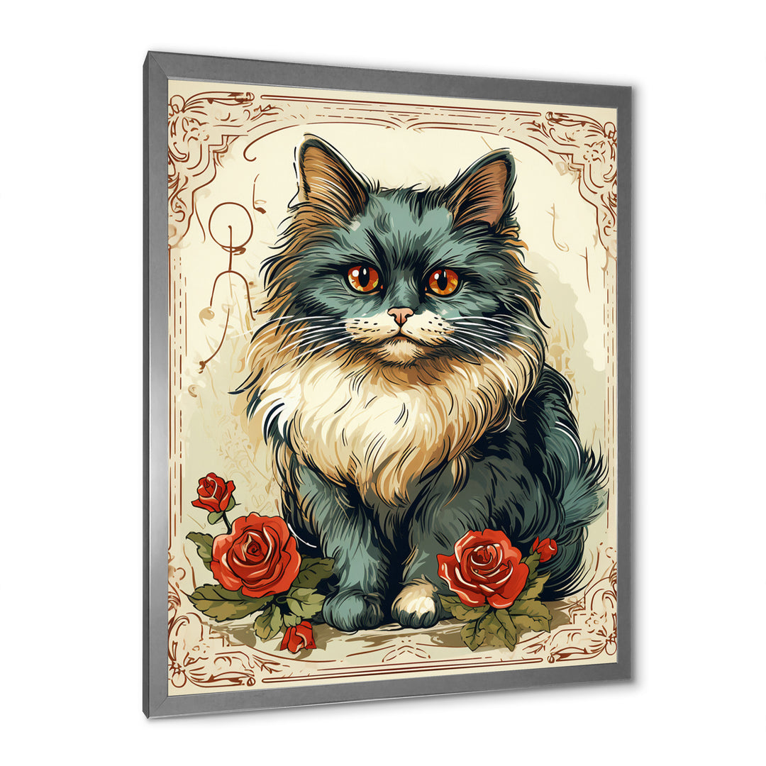 Blue Cat With Red Roses Vintage Illustration - Cat Canvas Wall Art