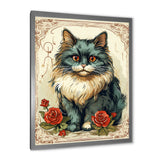 Blue Cat With Red Roses Vintage Illustration - Cat Canvas Wall Art