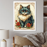 Blue Cat With Red Roses Vintage Illustration - Cat Canvas Wall Art