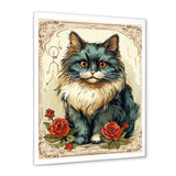 Blue Cat With Red Roses Vintage Illustration - Cat Canvas Wall Art
