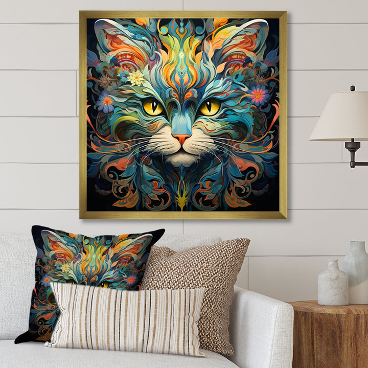Cosmic Teal Cat With Mysterious Gaze - Cat Wall Art Prints