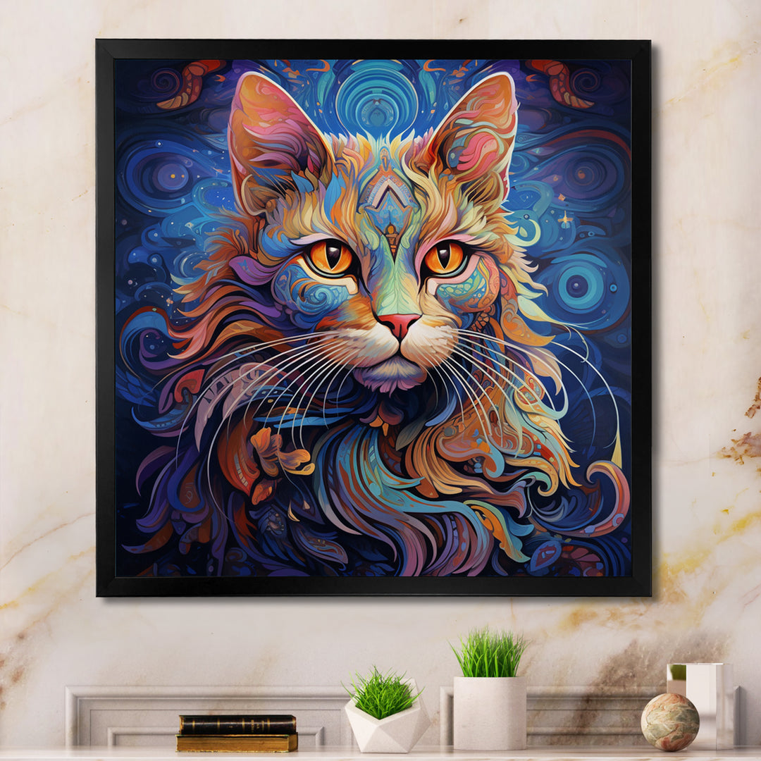 Cosmic Cat With Mysterious Gaze - Blue Cat Wall Art