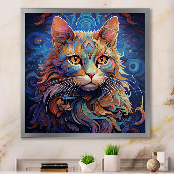 Cosmic Cat With Mysterious Gaze - Blue Cat Wall Art
