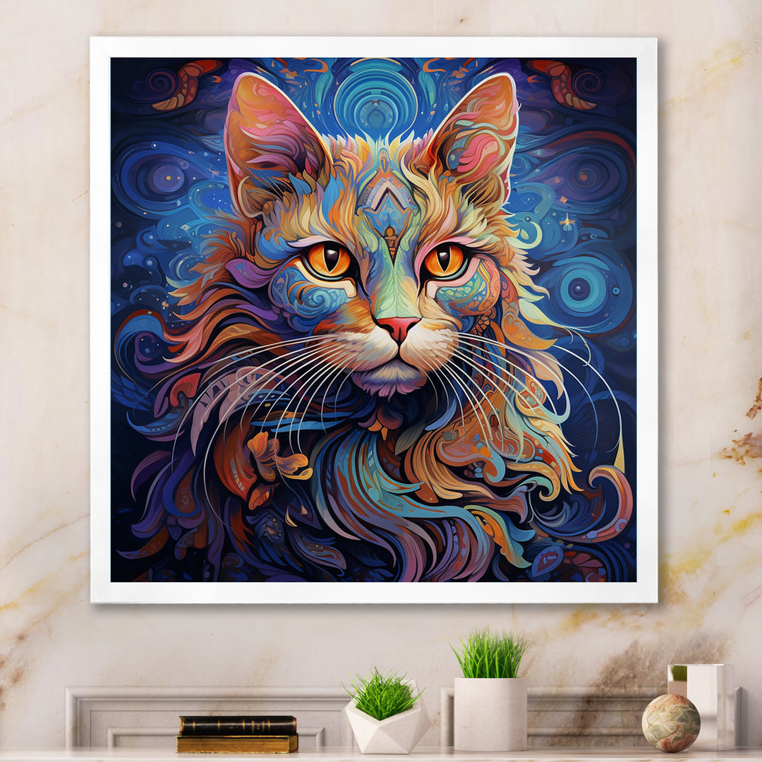 Cosmic Cat With Mysterious Gaze - Blue Cat Wall Art