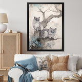 Two Gray Cats In A Tree Vintage Painting - White Cat Wall Art