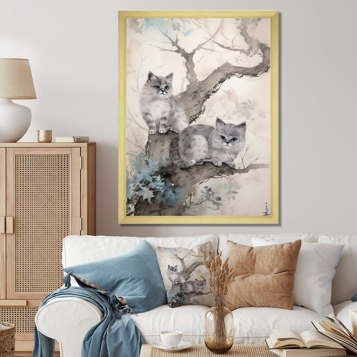 Two Gray Cats In A Tree Vintage Painting - White Cat Wall Art