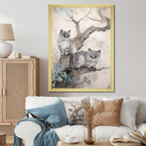 Two Gray Cats In A Tree Vintage Painting - White Cat Wall Art