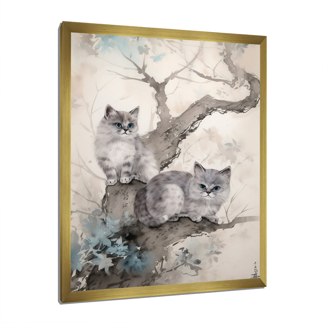 Two Gray Cats In A Tree Vintage Painting - White Cat Wall Art