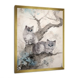 Two Gray Cats In A Tree Vintage Painting - White Cat Wall Art
