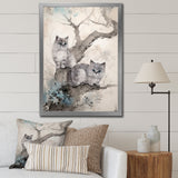 Two Gray Cats In A Tree Vintage Painting - White Cat Wall Art