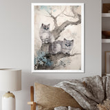 Two Gray Cats In A Tree Vintage Painting - White Cat Wall Art
