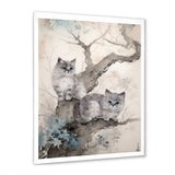 Two Gray Cats In A Tree Vintage Painting - White Cat Wall Art