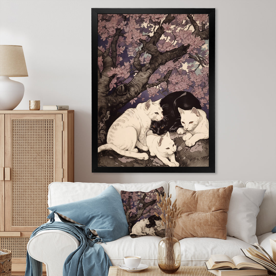 White Cats And Black Cat Sleeping Under Tree - Cat Living Room Wall Art