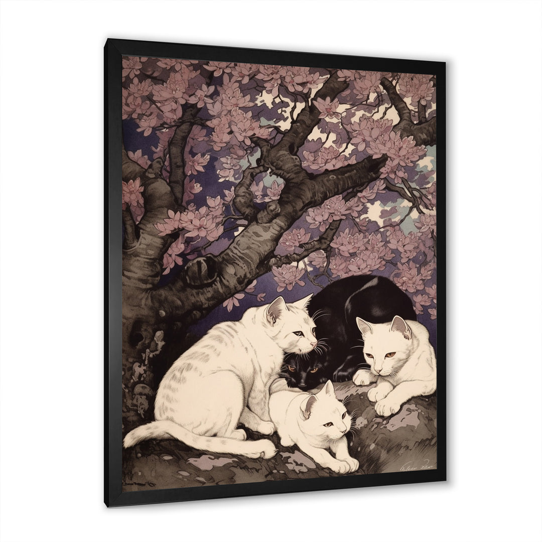 White Cats And Black Cat Sleeping Under Tree - Cat Living Room Wall Art