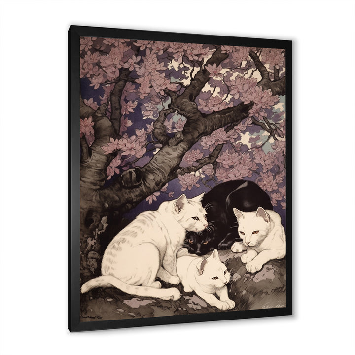 White Cats And Black Cat Sleeping Under Tree - Cat Living Room Wall Art