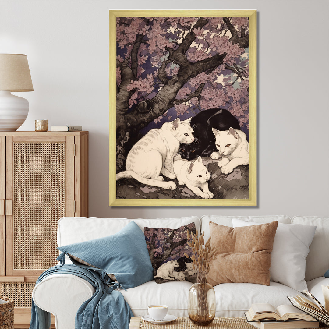 White Cats And Black Cat Sleeping Under Tree - Cat Living Room Wall Art